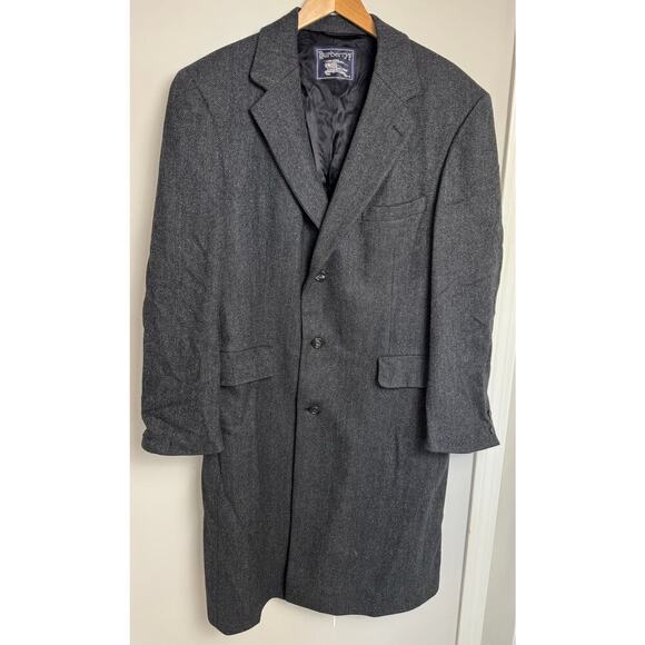Vintage Burberry Men’s Wool Trench Coat Herringbone Gray Black Scotland Classic
